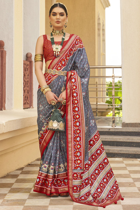 Patola Silk Printed Design Saree In Grey Color