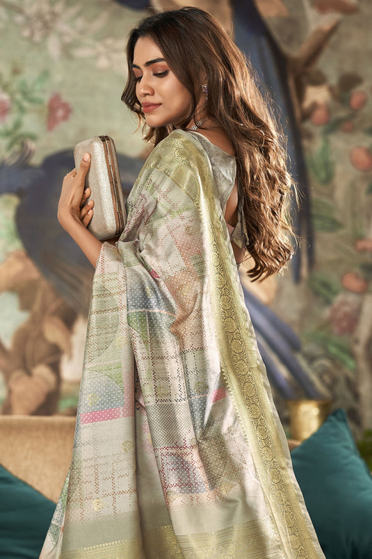 Cream Handloom Silk Digital Print Saree