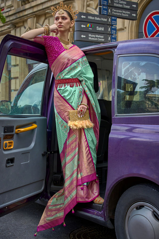 Sangeet Wear Art Silk Fabric Printed Sea Green Saree