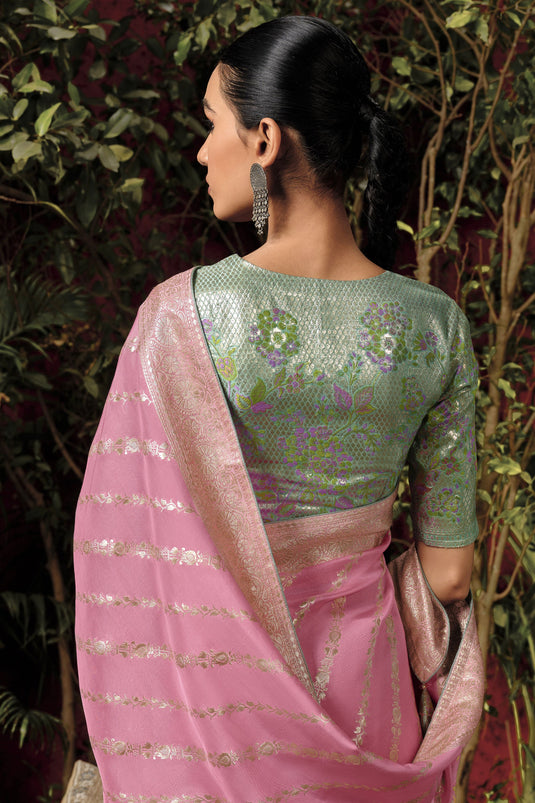 Weaving Designs On Pink Color Party Wear Viscose Silk Saree
