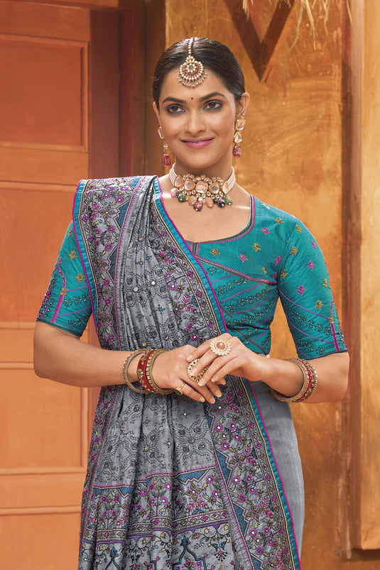 Phenomenal Kachhi Work Grey Color Banarasi Silk Saree