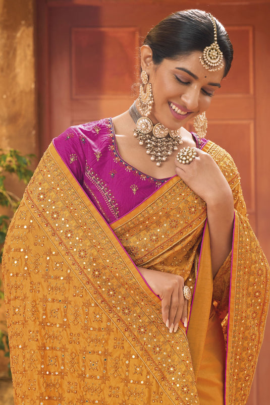 Fashionable Mustard Color Kachhi Work Banarasi Silk Saree
