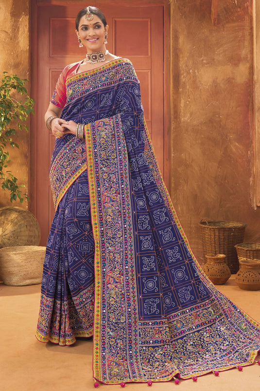 Blue Color Gorgeous Kachhi Work Banarasi Silk Saree