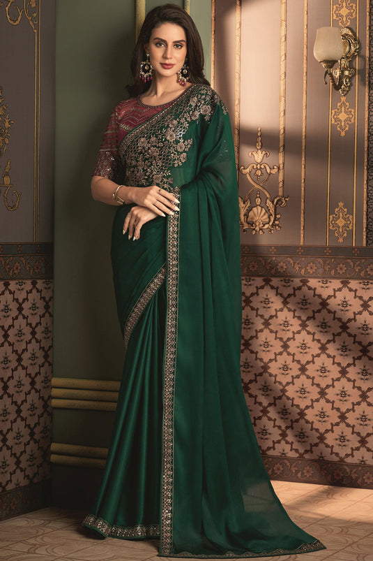 Embellished Dark Green Color Border Work Art Silk Saree