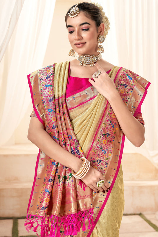 Cream Color Exquisite Function Wear Handloom Silk Saree
