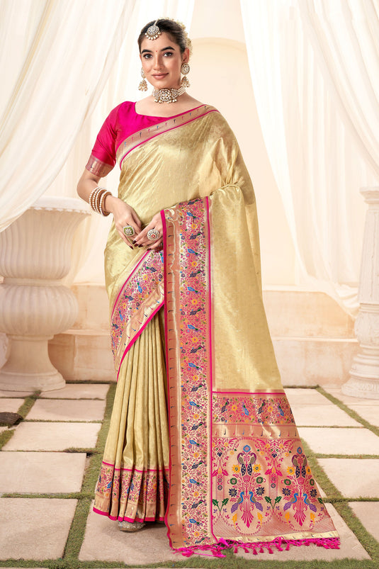 Cream Color Exquisite Function Wear Handloom Silk Saree