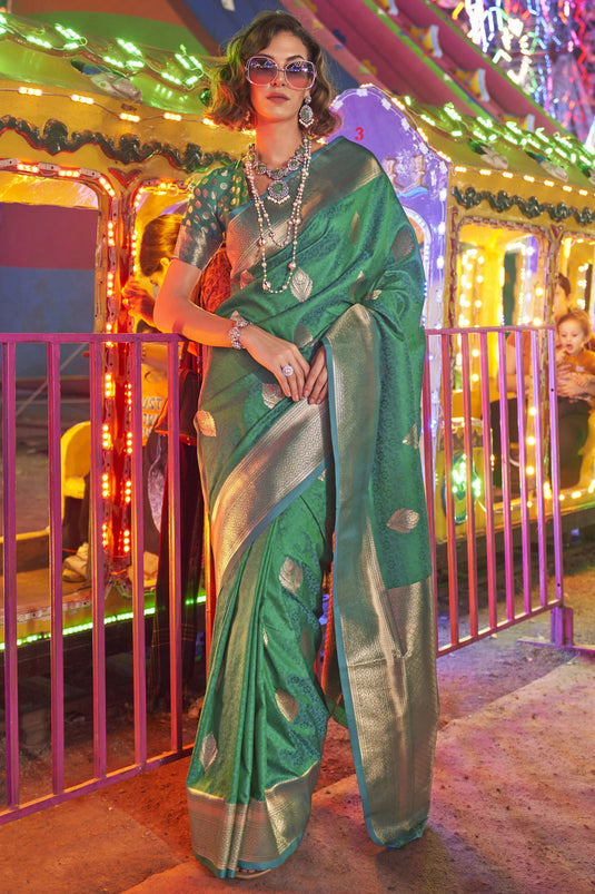 Trendy Handloom Silk Green Color Saree With Weaving Work