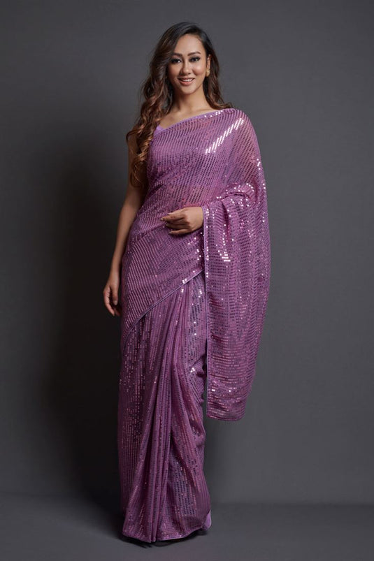 Sequins Work On Purple Color Georgette Fabric Party Wear Saree