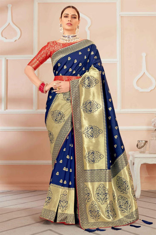 Weaving Work On Blue Color Festive Wear Banarasi Silk Saree