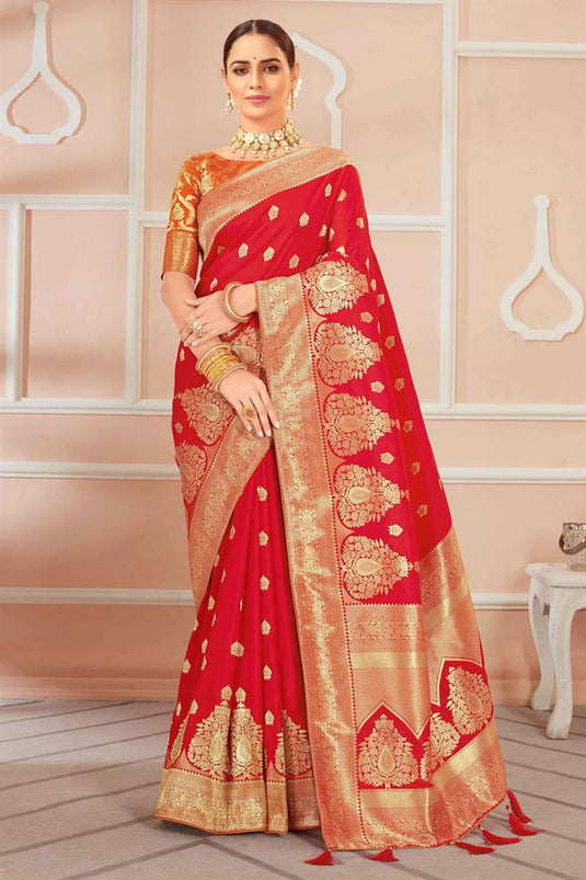 Alluring Red Color Designer Banarasi Silk Saree With Weaving Work