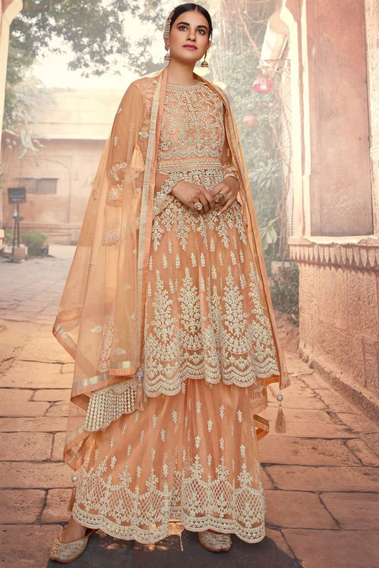 Orange Color Embroidered Work Function Wear Febulous Sharara Suit In Net Fabric