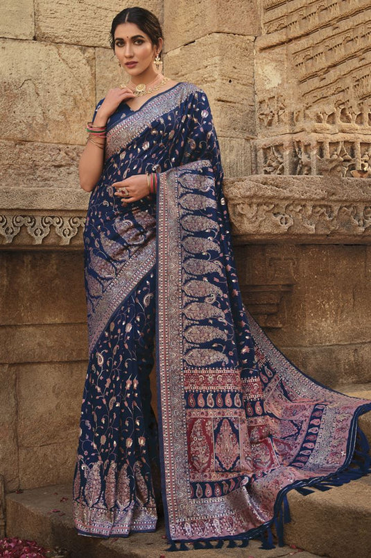 Art Silk Fabric Navy Blue Color Function Wear Saree With Weaving Work