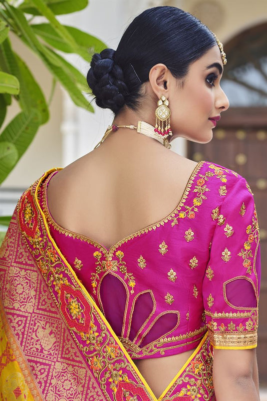 Radiant Yellow Color Wedding Wear Banarasi Fabric Saree With Weaving Work