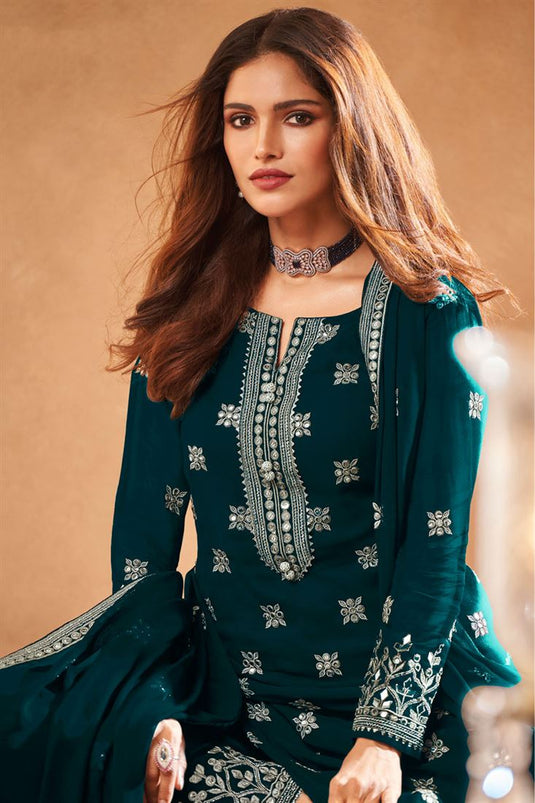 Georgette Fabric Festival Wear Beautiful Embroidered Work Palazzo Suit Featuring Vartika Singh In Teal Color