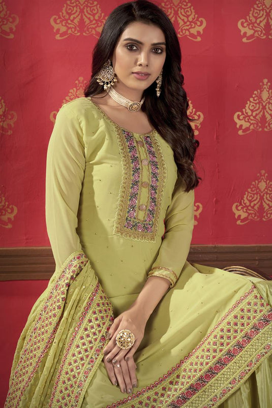 Party Wear Embroidered Work Yellow Color Sharara Suit In Georgette Fabric