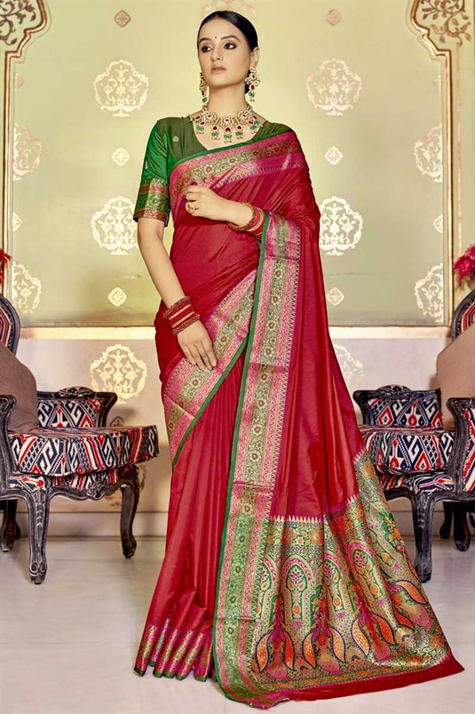 Banarasi Style Weaving Work On Festive Wear Red Color Art Silk Fabric Saree