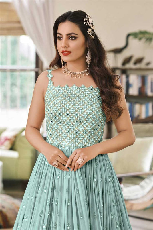 Light Cyan Color Sangeet Wear Charismatic Embroidered Work Anarkali Suit In Georgette Fabric