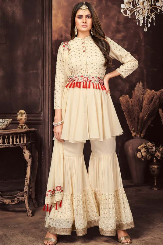 Off White Color Party Wear Georgette Fabric Readymade Salwar Suit With Intricate Sequins Work