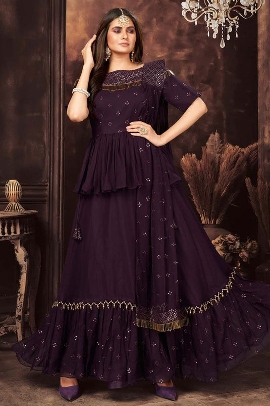 Georgette Fabric Wine Color Party Wear Readymade Salwar Suit With Imposing Sequins Work