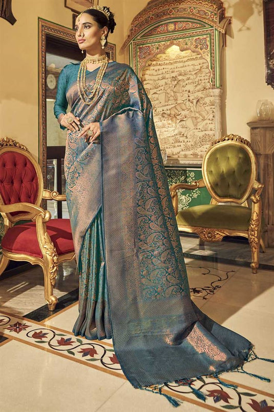 Flamboyant Teal Color Art Silk Fabric Sangeet Wear Weaving Work Saree