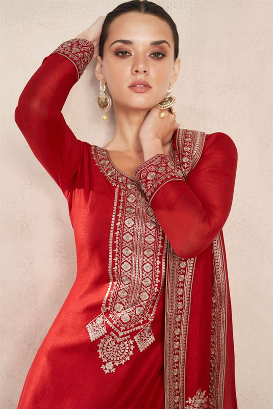 Red Color Chinon Fabric Fetching Palazzo Suit