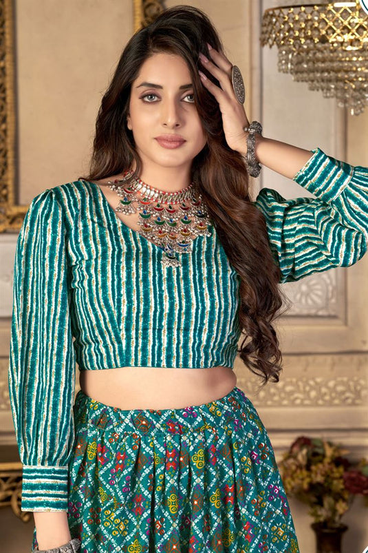 Tempting Art Silk Fabric Cyan Color Printed Lehenga