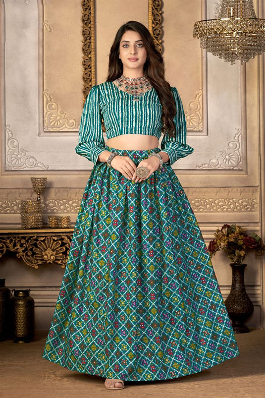 Tempting Art Silk Fabric Cyan Color Printed Lehenga