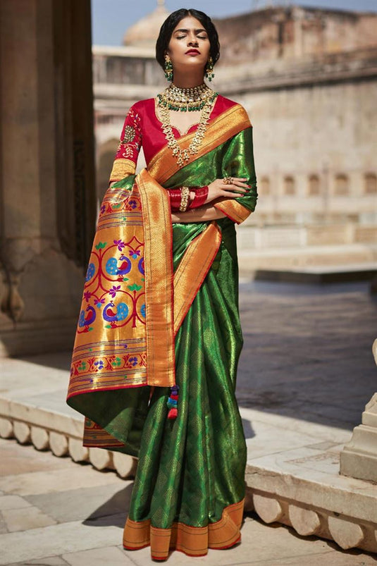 Weaving Work On Green Color Art Silk Fabric Function Wear Remarkable Saree