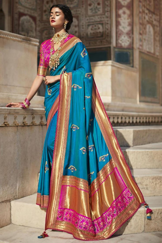 Beauteous Function Wear Cyan Color Weaving Work Saree In Art Silk Fabric