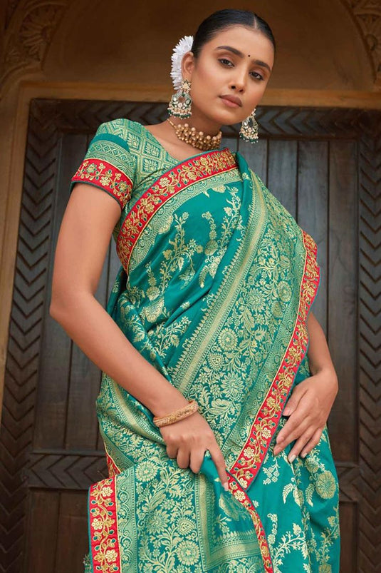 Cyan Color Banarasi Style silk Fabric Exquisite Weaving Work Saree