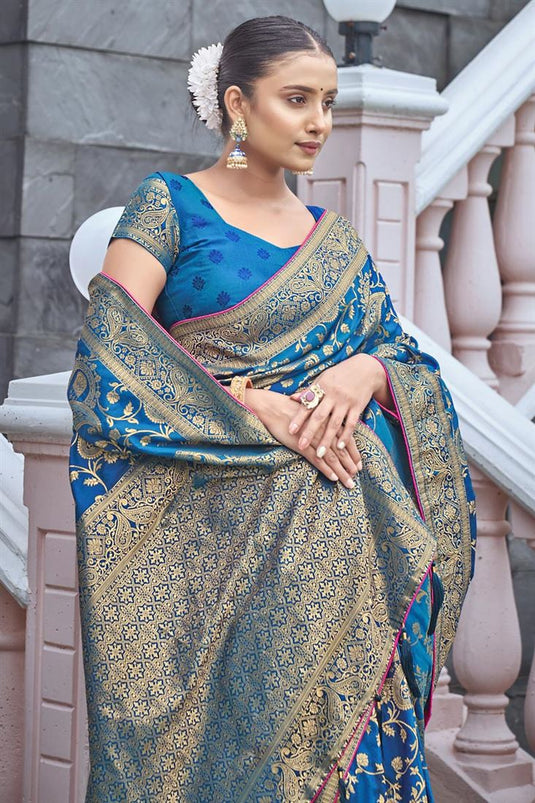 Trendy Weaving Work Banarasi Style Silk Saree Sky Blue Color