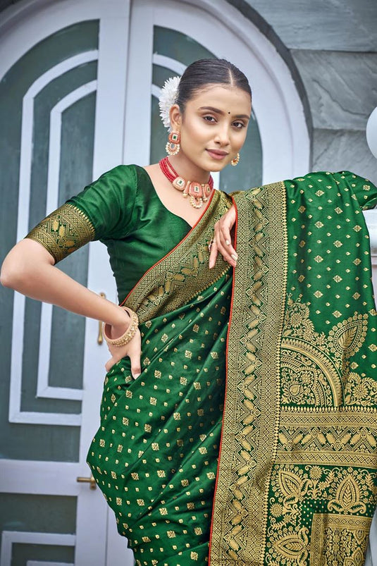 Beguiling Weaving Work Banarasi Style Silk Saree Dark Green Color