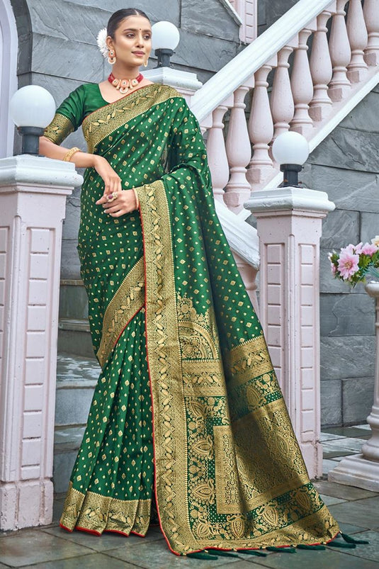 Beguiling Weaving Work Banarasi Style Silk Saree Dark Green Color