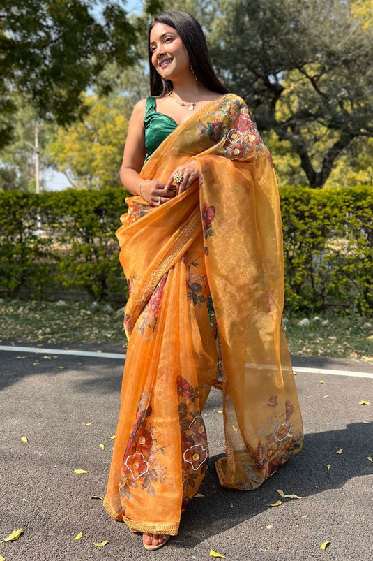 Organza Fabric Beguiling Mustard Color Digital Printed Saree