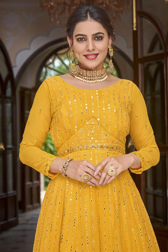 Engaging Embroidered Yellow Color Georgette Readymade Anarkali Suit