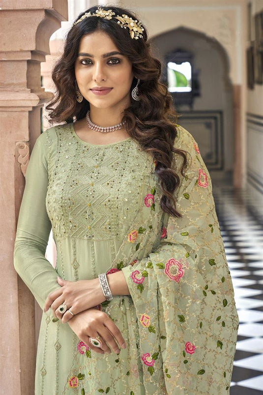 Chinon Fabric Khaki Color Festive Look Elegant Salwar Suit