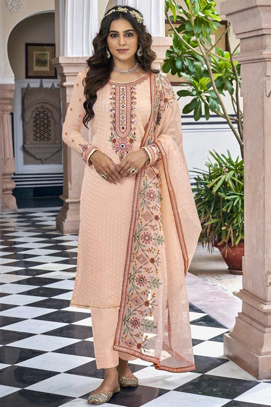 Peach Color Chinon Fabric Festive Look Classic Salwar Suit