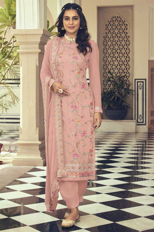 Radiant Peach Color Georgette Fabric Embroidered Salwar Suit