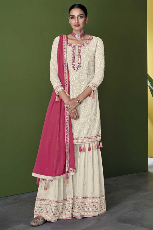 Off White Color Georgette Fabric Function Wear Chic Palazzo Suit