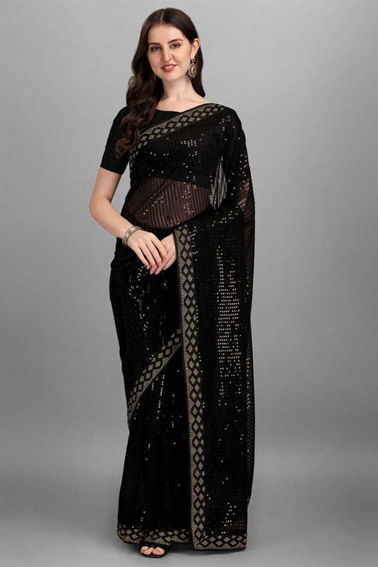 Black Color Admirable Sequins Work Saree In Georgette Fabric