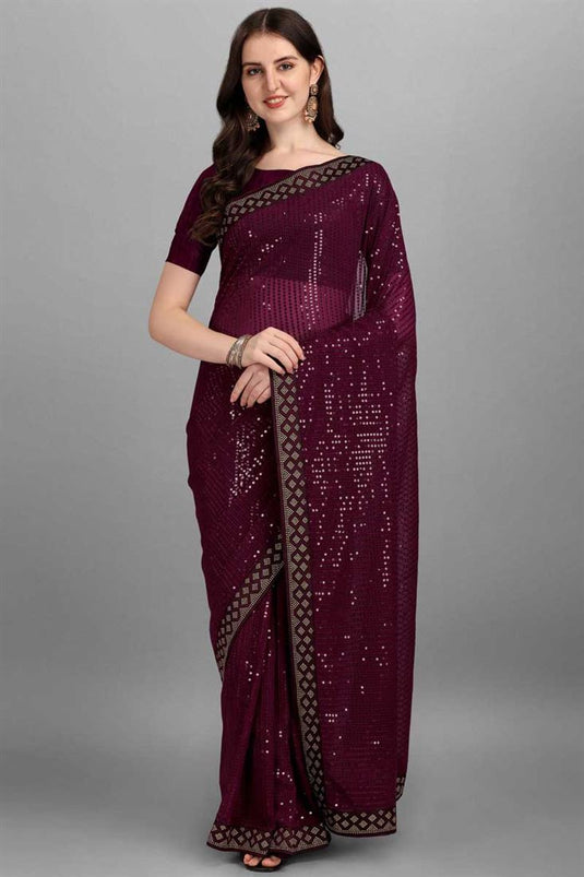 Burgundy Color Sequins Work Engrossing Saree In Georgette Fabric