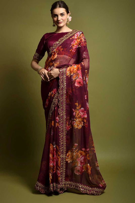 Chiffon Fabric Printed Burgundy Color Beguiling Saree