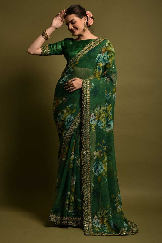 Green Color Chiffon Fabric Printed Beatific Saree