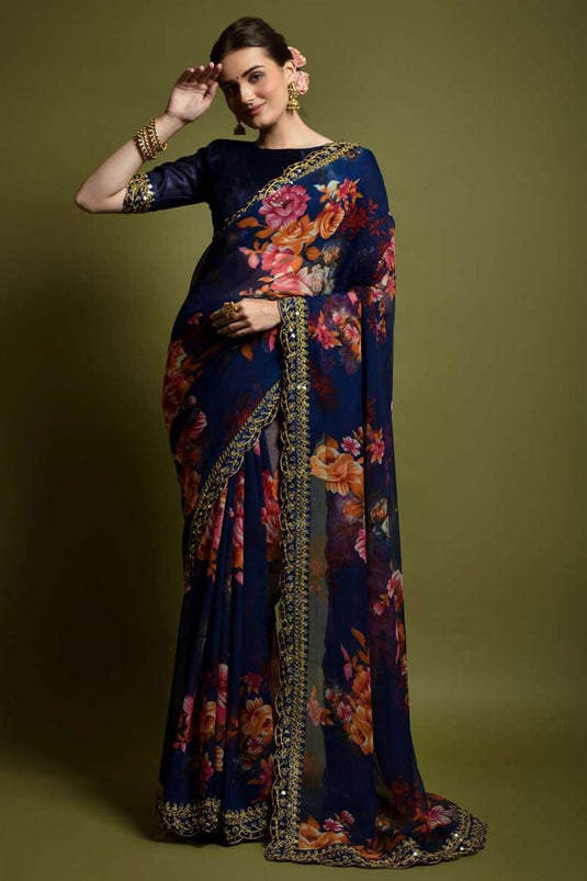 Chiffon Fabric Blue Color Printed Tempting Saree