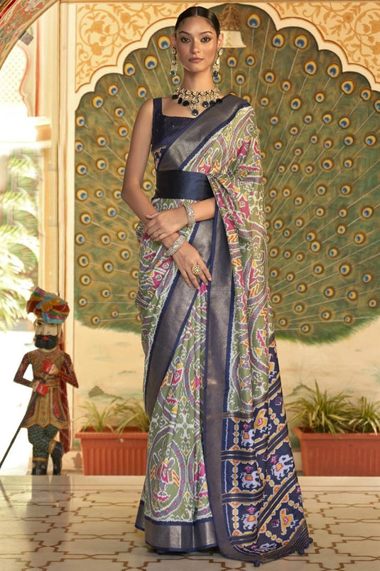 Olive Color Glorious Art Silk Patola Printed Saree