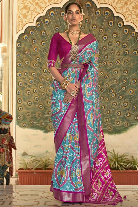 Delicate Cyan Color Art Silk Patola Printed Saree