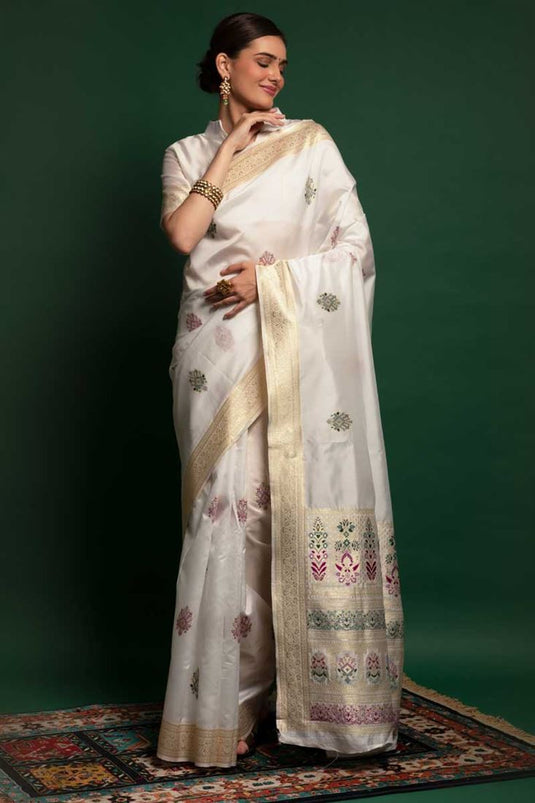 Beguiling White Color Art Silk Fabric Festive Look Saree