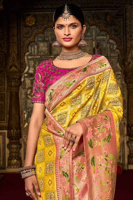 Entrancing Art Silk Fabric Yellow Color Saree In Wedding Wear