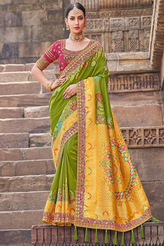 Mehendi Green Color Fantastic Art Silk Fabric Saree In Sangeet Wear