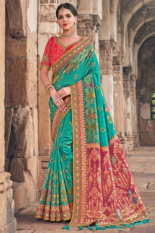 Sangeet Wear Alluring Art Silk Fabric Saree In Cyan Color